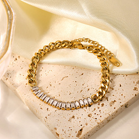 Sparkling CZ Chain Bracelet - Fashionable 18K Gold Plated Stainless Steel Party Gift for Women
