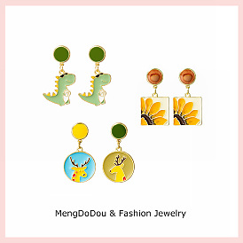 Adorable Cartoon Deer and Dinosaur Sunflower Earrings - Fashionable Color-Block Jewelry for Girls