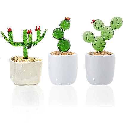 3 шт. 3 стили лэмпворк кактус/цветок украшение для витрины, с фарфоровым цоколем, украшения для демонстрации микро-ландшафтов