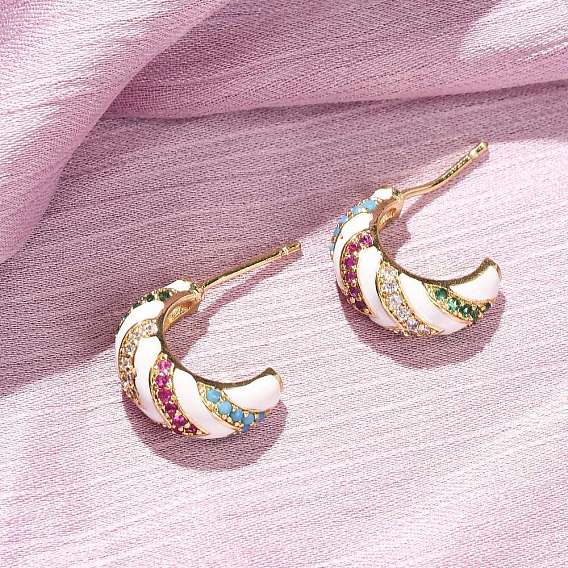 Серьги-гвоздики из латуни в форме буквы С с микропаве из кубического циркония, с эмалью, без кадмия и без свинца, долговечный, стойки покрытие