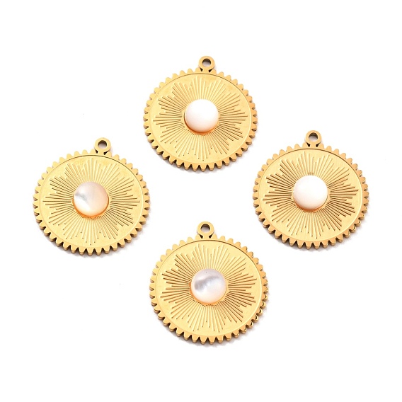 Natural White Shell Pendants, with Ion Plating(IP) 304 Stainless Steel Findings, Real 24K Gold Plated, Flat Round
