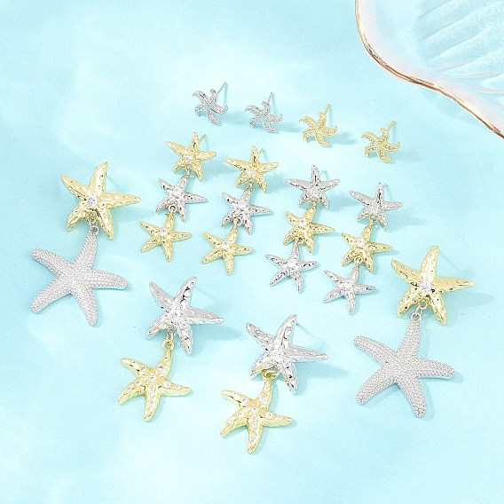 Brass Micro Pave Cubic Zirconia Stud Earrings, Starfish, Lead Free & Cadmium Free, Long-Lasting Plated, Rack Plating