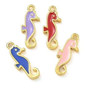 Rack Plating Brass Enamel Pendants, Long-Lasting Plated, Lead Free & Cadmium Free, Real 18K Gold Plated, Sea Horse Charm