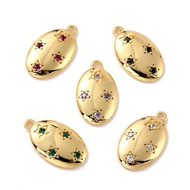 Eco-Friendly Brass Micro Pave Cubic Zirconia Charms, Cadmium Free & Lead Free, Real 18K Gold Plated, Oval with Star