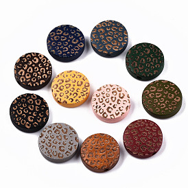 Painted Natural Wood Beads, Laser Engraved Pattern, Flat Round with Leopard Print