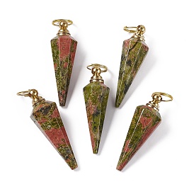Natural Unakite Openable Perfume Bottle Pendants, Faceted Cone Charm, with Golden Tone Brass Findings