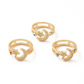 Bague de manchette ouverte lune et étoile en zircon cubique avec mauvais œil en émail, bijoux en laiton plaqué or véritable 18k pour femmes, sans plomb et sans cadmium