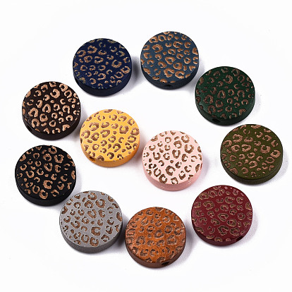 Painted Natural Wood Beads, Laser Engraved Pattern, Flat Round with Leopard Print