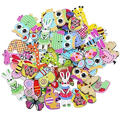 2-hole Painted Wooden Buttons, Animal Style, Mixed Shapes