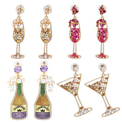 4 Pairs 4 Styles Rhinestone & Plastic Pearl Glass Wine Glass Dangle Stud Earrings, Alloy Long Drop Earrings