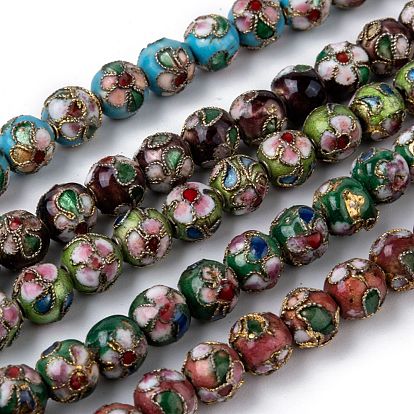 Vintage Handmade Flower Pattern Cloisonne Round Bead Strands, 8mm, Hole: 1mm, about 15.7 inch, 50pcs/strand