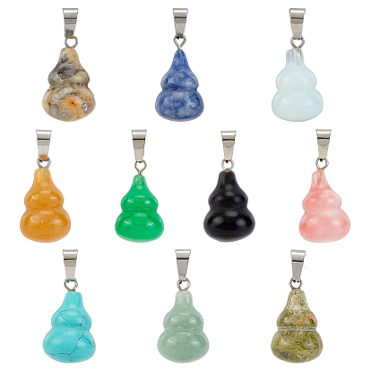 10Pcs 10 Style Gemstone Pendants, with Platinum Plated Brass Bails, Gourd/Calabash