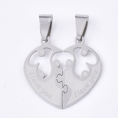 201 Stainless Steel Split Pendants, for Lovers, Heart with Heart, with Lovers & Word I Love You, For Valentine's Day