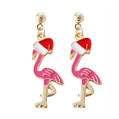 Серьги-гвоздики из сплава и пластика с рождественской тематикой, с эмалью, золотые