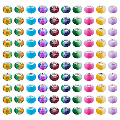 100 шт 10 цвета смолы европейские бусины, бусины с большим отверстием, с латунными ярдами серебянного цвета , два тона, рондель