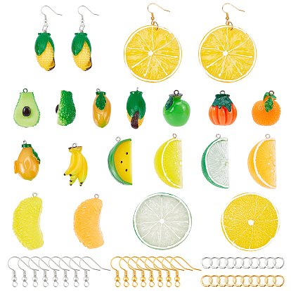 DIY Dangle Earring Making Kits, Including 32Pcs Fruit Resin Pendants, Brass Earring Hooks, Alloy & Brass Jump Rings
