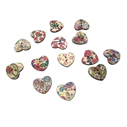 2-hole Painted Wooden Buttons, Heart with Flower