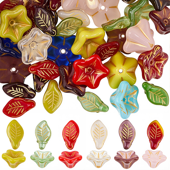 60 шт 2 стили прозрачные стеклянные бусины, листьев и цветов, золотой металл обвитыми