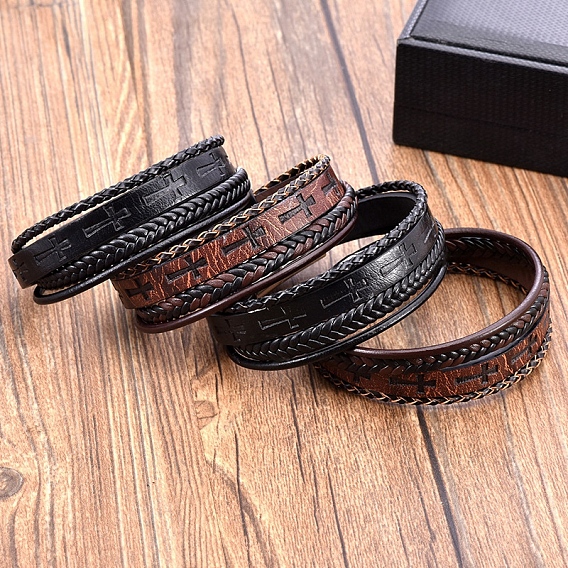 Bracelets en cordon de cuir tressé multicouche, avec boucles magnétiques