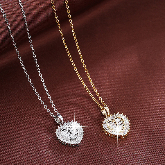 Valentine's Day Brass Pave Clear Cubic Zirconia Love Heart Pendant Necklaces for Women