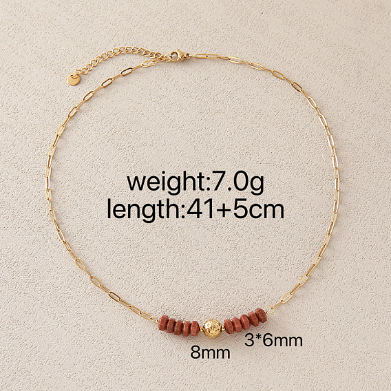 Synthetic Goldstone Hexagon Heishi Beads & 304 Stainless Steel Paperclip Chain Necklaces for Women