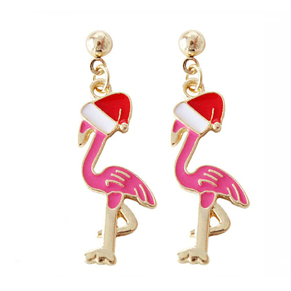 Серьги-гвоздики из сплава и пластика с рождественской тематикой, с эмалью, золотые