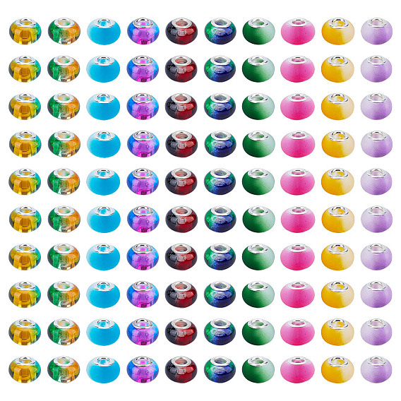 100 шт 10 цвета смолы европейские бусины, бусины с большим отверстием, с латунными ярдами серебянного цвета , два тона, рондель