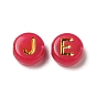 Plating Acrylic Beads, Golden Metal Enlaced, Horizontal Hole, Flat Round with Letter