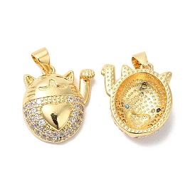 Brass Micro Pave Clear Cubic Zirconia Pendants, Cat Shape Charms