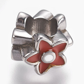 304 Stainless Steel Beads, with Enamel, Large Hole Beads, Flower
