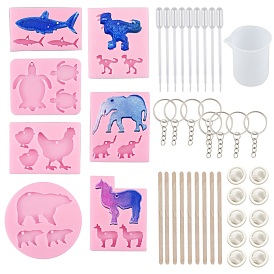 SUNNYCLUE DIY Keychain Makings, with Silicone Pendant Molds & Measuring Cup, Iron Split Key Rings, Disposable Plastic Transfer Pipettes & Latex Finger Cot, Wooden Craft Sticks