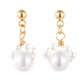 Shell Pearl Dangle Stud Earrings, with 304 Stainless Steel Stud Earring Findings and Brass Ear Nuts, Dog Paw Prints