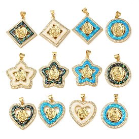 Rack Plating Brass Micro Pave Cubic Zirconia Pendants, Cadmium Free & Lead Free, Long-Lasting Plated, Real 18K Gold Plated, Rose/Flower