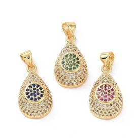 Brass Micro Pave Cubic Zirconia Pendants, Real 18K Gold Plated, Teardrop with Flat Round Pattern Charm