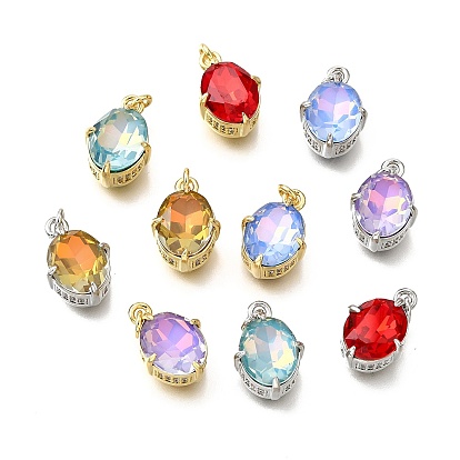 Латунь стекло амулеты, овальные амулеты, с петлей для прыжковых колец, без свинца и без кадмия, стойки покрытие, прочное покрытие, граненые