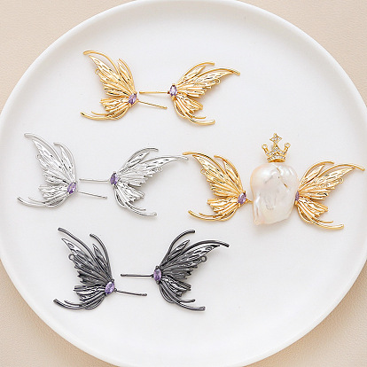 Brass Pave Medium Purple Cubic Zirconia Wing Head Pins, for Baroque Pearl Making