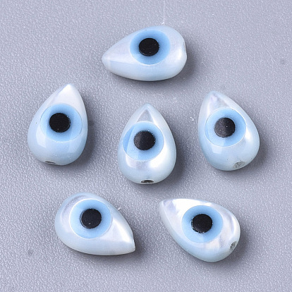 Natural White Shell Mother of Pearl Shell Beads, with Synthetic Turquoise, Teardrop with Evil Eye