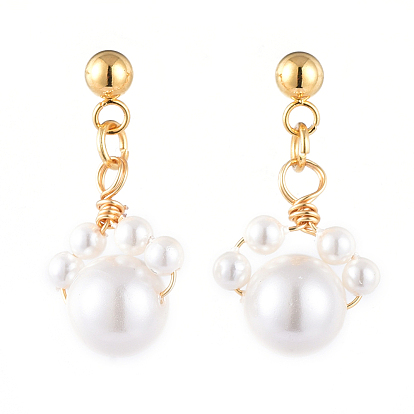 Shell Pearl Dangle Stud Earrings, with 304 Stainless Steel Stud Earring Findings and Brass Ear Nuts, Dog Paw Prints