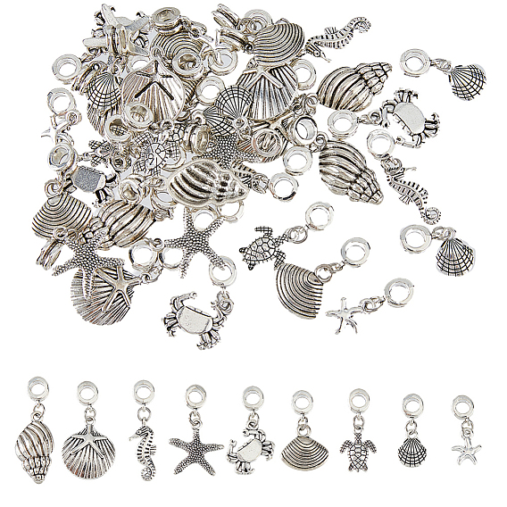 6 наборы европейских подвесок-шармов из сплава в тибетском стиле, бусины с большим отверстием, Тема океана, разнообразные