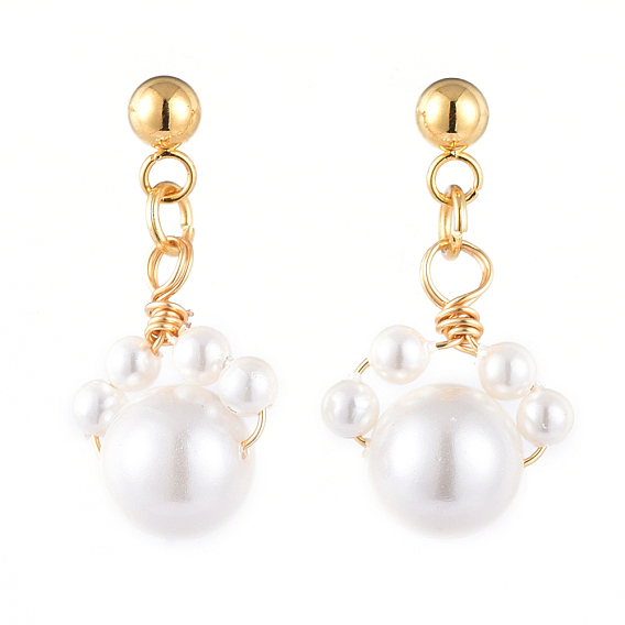 Shell Pearl Dangle Stud Earrings, with 304 Stainless Steel Stud Earring Findings and Brass Ear Nuts, Dog Paw Prints