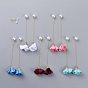 Stud Earrings, with Flower Shape Handmade Cloth Pendant, Brass Ear Threads and Acrylic Imitation Pearl Ear Nuts