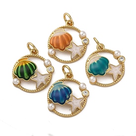 Подвески из латуни с кубическим цирконием и искусственным жемчугом из АБС-пластика, круглый в форме ракушки и звезды, с эмалью, стойки покрытие, долговечный, с целью перехода в кольце, без кадмия и без свинца, реальный 18 k позолоченный
