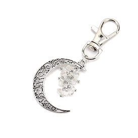 Antique Silver Palted Alloy Hollow Moon Pendant Decorations, Glass Chip and Swivel Clasp Charm for Bag Ornaments