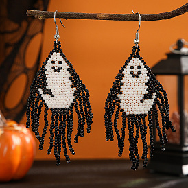 Ghost Pattern Glass Bead Tassel Earrings, Halloween Style, Fashionable and Versatile