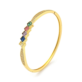 Brass Micro Pave Clear Cubic Zirconia Hinged Bangles, Rhombus Colorful Glass Bangles for Women