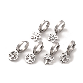 3 Pairs 3 Styles 304 Stainless Steel Rhinestone Hoop Dangle Earrings for Women, Flower & Tree of Life & Clover