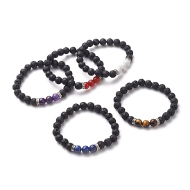 Round Natural Lava Rock Beaded Stretch Bracelets, with Antique Silver Plated Alloy Spacer Beads and Natural Gemstone Beads