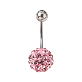Stainless Steel Body Jewelry, Belly Rings, with Polymer Clay Rhinestones, Round Ball Curved Barbell Navel Rings