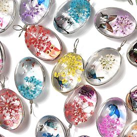 Transparent Glass Pendants, Dried Flower Butterfly inside and Iron Finding, Oval