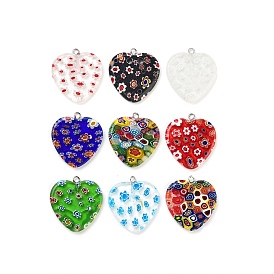 Millefiori Glass Pendants, Iron Clasp, Heart, 25x27x4mm